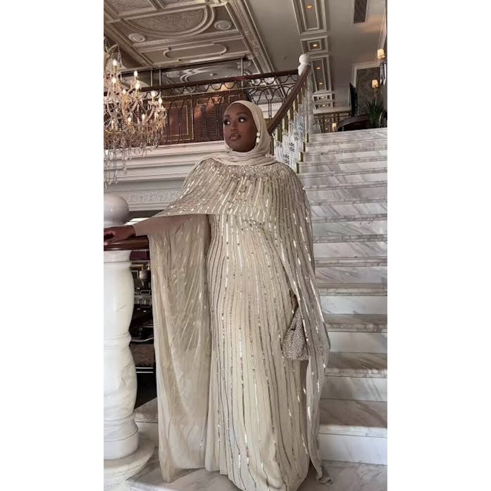 MAC DUGGAL Embellished Beaded Column Cape Gown in Champagne Size US 16 - Picture 12 of 14